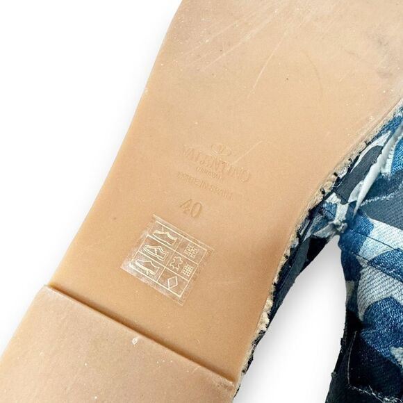 Valentino Blue Denim Stars Camo Canvas Espadrille Flat Sandals Women’s Size 40/9 - Picture 7 of 11